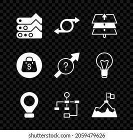 Set Graph, chart, diagram, Arrow, Layers, Location, Hierarchy organogram, Mountains with flag, Shopping bag Sale and  icon. Vector