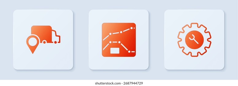 Definir gráfico, diagrama, rastreamento de entrega e chave e engrenagem. Botão quadrado branco. Vetor