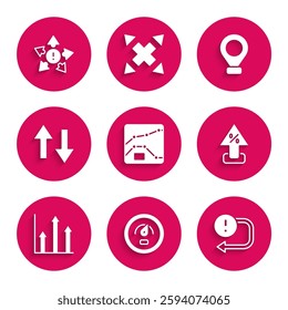 Set Graph, chart, diagram, Digital speed meter, Arrow, Percent up arrow, Pie infographic, Location and Many ways directional icon. Vector