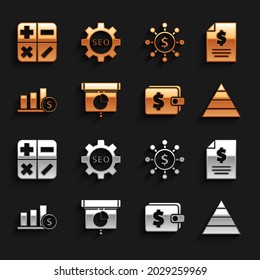 Set Graph, chart, diagram, infographic, Contract money, Pyramid infographics, Wallet with dollar, Pie and, Dollar, share, network, Calculator and Seo tag gear wheel icon. Vector