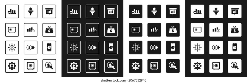 Set Graph, chart, diagram, infographic, Pie and dollar, Safe, Wallet with, Sales funnel arrows, Mobile phone and Dollar, share, network icon. Vector