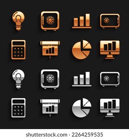 Set Graph, chart, diagram, infographic, Safe, Monitor with, Pie, Calculator, Light bulb concept of idea and  icon. Vector