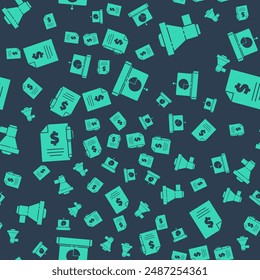 Establecer gráfico, gráfico, diagrama, infografía, Megáfono, Contratar dinero y pluma y Contratar dinero en un patrón sin fisuras. Vector