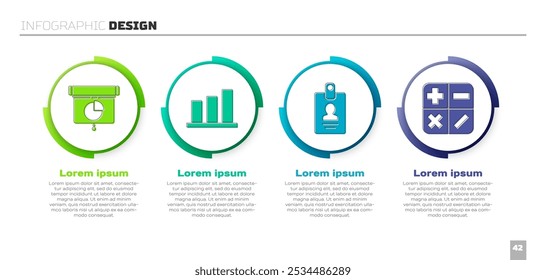 Set Graph, chart, diagram, infographic, Pie chart infographic, Identification badge and Calculator. Business infographic template. Vector