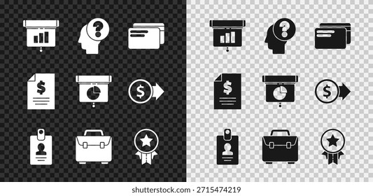 Set Graph, chart, diagram, infographic, Human head with question mark, Credit card, Identification badge, Briefcase, Medal star, Contract money and  icon. Vector