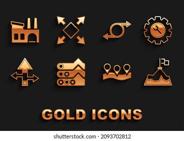 Set Graph, chart, diagram, Wrench and gear, Mountains with flag, Location, Arrow, Factory and Many ways directional arrow icon. Vector
