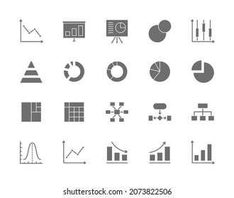 Set of Graph and Chart Grey Icons. Pie Chart, Statistics, Presentation and more.