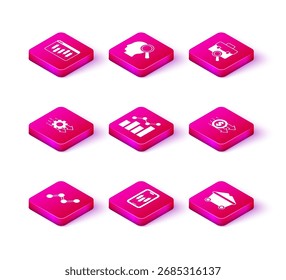 Infografía del gráfico, comercio de acciones móviles, gestión de tiempo, crecimiento financiero, carro de mina de carbón, dólar, búsqueda de trabajo y icono de personas de Búsqueda. Vector