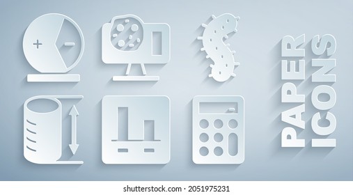 Set Graph chart infographic, Virus, Height geometrical figure, Calculator, Genetic engineering and Atom icon. Vector
