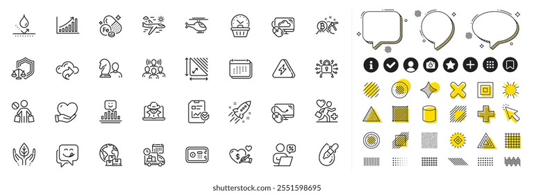 Conjunto de gráfico, entrega internacional e caixa segura ícones de linha para aplicativo Web. Elementos de design, ícones de mídia social. Sorriso delicioso, Pare de comprar, Ícones de computação em nuvem. Vetor