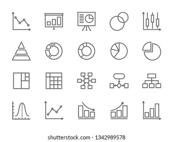 Set of Graph and Chart Line Icons. Pie Chart, Statistics, Column, Presentation, Triangular Graph, Growing Schedule and more. Pack of 48x48 Pixel Icons