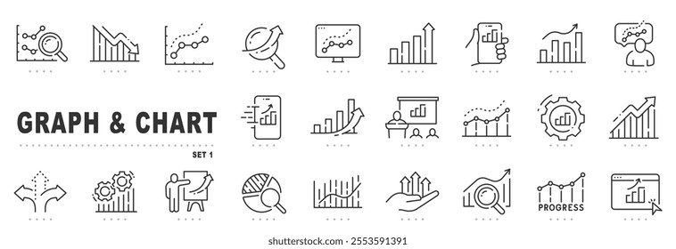 Set of graph and chart related line icons. Diagram, presentation, infographic, datum etc. Editable stroke.