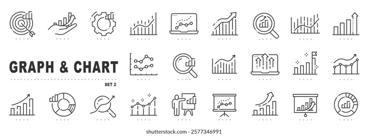 Set of graph and chart related line icons. Diagram, presentation, infographic, datum etc. Editable stroke. Set 2