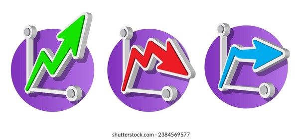 Set of graph icons with an up arrow showing growth, a down arrow illustrating a fall, and an arrow along the horizon illustrating the lack of change. Vector illustration.