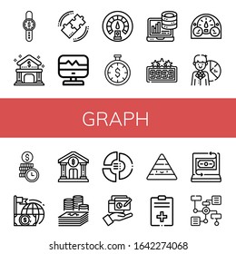 Set of graph icons. Such as Time is money, Bank, Research, Heart rate, Dashboard, Analytics, High score, Pie chart, Finance, Money, Report, Pyramid, Fintech, Diagram , graph icons
