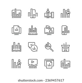 Set of graph related icons, chart, graphic, statistics, column chart, analysis, infographic, analytic and linear variety vectors.