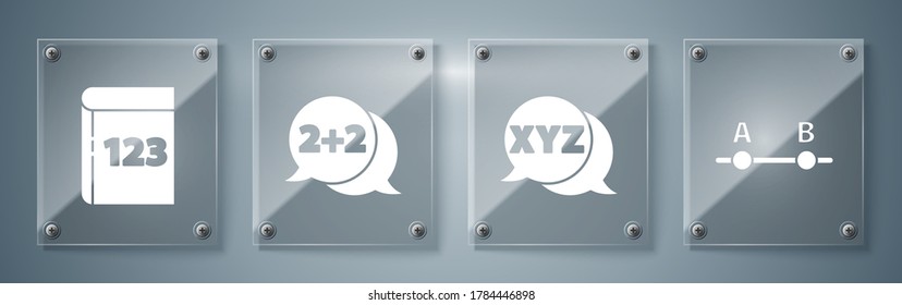 Set Graph, schedule, chart, diagram, XYZ Coordinate system, Equation solution and Book with word mathematics. Square glass panels. Vector