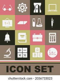 Set Graph, schedule, chart, diagram, Calculator, Pen, Pencil sharpener, Eraser rubber, Chalkboard, Glasses and Test tube and flask icon. Vector