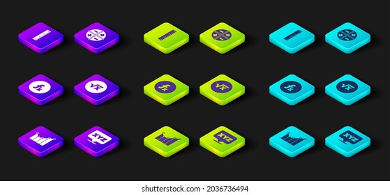 Set Graph, schedule, chart, diagram, XYZ Coordinate system, Function mathematical symbol, Square root of x glyph,  and Ruler icon. Vector