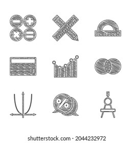 Set Graph, schedule, chart, diagram, Discount percent tag, Drawing compass, Mathematics sets A and B, Calculator, Protractor and  icon. Vector