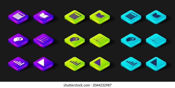 Set Graph, schedule, chart, diagram, Triangle math, Function mathematical symbol, Open book and Calculator icon. Vector