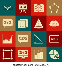 Set Graph, schedule, chart, diagram, Chalkboard, Human brain, Open book, Geometric figure Cube, Equation solution,  and Cone icon. Vector