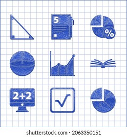 Set Graph, schedule, chart, diagram, Square root, Open book, Equation solution, Geometric figure Sphere,  and Triangle math icon. Vector