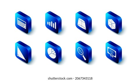 Set Graph, schedule, chart, diagram, Geometric figure, Cube, Certificate template, Magnifying glass with percent, Pie infographic, Triangle math and Calculator icon. Vector