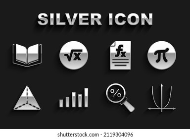 Set Graph, schedule, chart, diagram, Pi symbol, Magnifying glass with percent, Geometric figure Tetrahedron, Function mathematical, Open book and Square root of x glyph icon. Vector