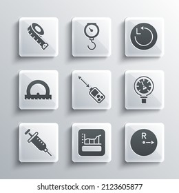 Set Graph, schedule, chart, diagram, Radius, Pressure water meter, Laser distance measurer, Syringe, Protractor, Measuring tape and  icon. Vector