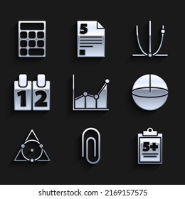 Set Graph, schedule, chart, diagram, Paper clip, Test or exam sheet, Geometric figure Sphere, Triangle math, Calendar,  and Calculator icon. Vector