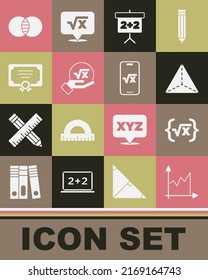 Set Graph, schedule, chart, diagram, Square root of x glyph, Geometric figure Tetrahedron, Chalkboard, Certificate template, Mathematics sets A and B and  icon. Vector