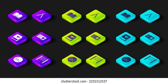 Set Graph, schedule, chart, diagram, Abacus, Book, Certificate template, Drawing compass and Open book icon. Vector