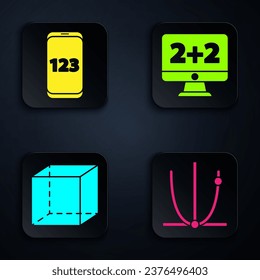 Set Graph, schedule, chart, diagram, Mobile calculator interface, Geometric figure Cube and Equation solution. Black square button. Vector