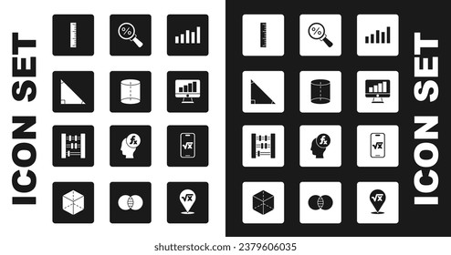 Set Graph, schedule, chart, diagram, Geometric figure, Triangle math, Ruler, Computer monitor with graph, Magnifying glass percent, Square root of x glyph and Abacus icon. Vector