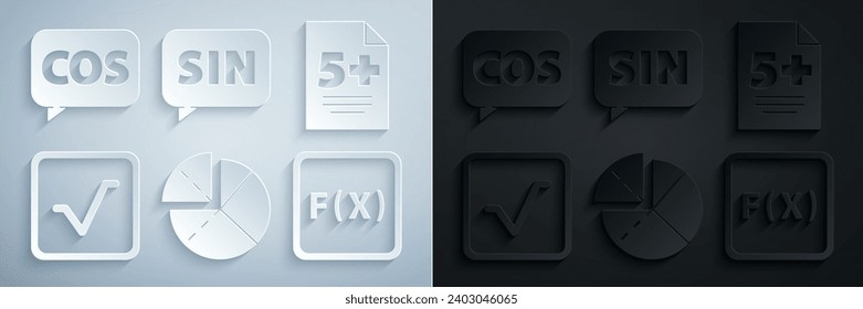 Set Graph, schedule, chart, diagram, Test or exam sheet, Square root, Function mathematical symbol, Mathematics function sine and cosine icon. Vector