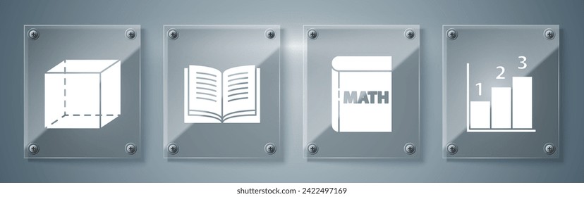 Set Graph, schedule, chart, diagram, Book with word mathematics, Open book and Geometric figure Cube. Square glass panels. Vector
