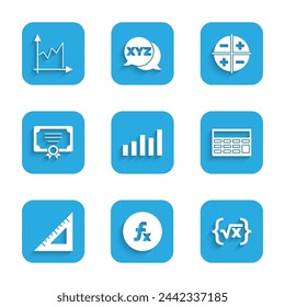 Set Graph, Zeitplan, Diagramm, Diagramm, Funktion mathematisches Symbol, Quadratwurzel von x Glyphe, Rechner, Dreieckslineal, Zertifikatsvorlage, XYZ Koordinatensystem und Symbol. Vektor