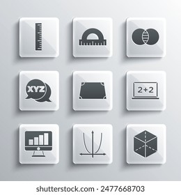 Set Graph, schedule, chart, diagram, Geometric figure Cube, Chalkboard, Acute trapezoid shape, Computer monitor with graph, XYZ Coordinate system, Ruler and Mathematics sets and B icon. Vector