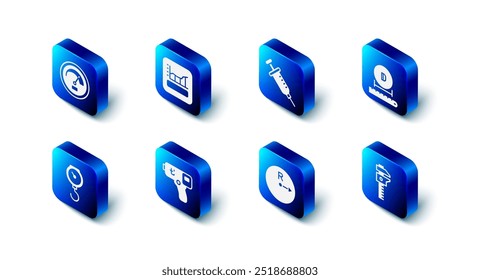 Set Graph, schedule, chart, diagram, Syringe, Diameter, Calliper or caliper and scale, Radius, Digital thermometer, Hand spring mechanical and Speedometer icon. Vector