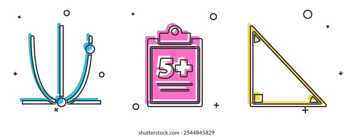 Set Graph, schedule, chart, diagram, Test or exam sheet and Triangle math icon. Vector