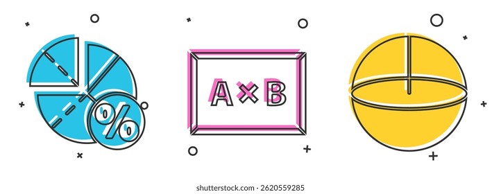 Set Graph, schedule, chart, diagram, Chalkboard and Geometric figure Sphere icon. Vector
