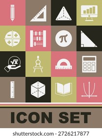 Set Graph, schedule, chart, diagram, Calculator, Triangle math, Geometric figure Tetrahedron, Abacus, XYZ Coordinate system, Pencil and Pi symbol icon. Vector