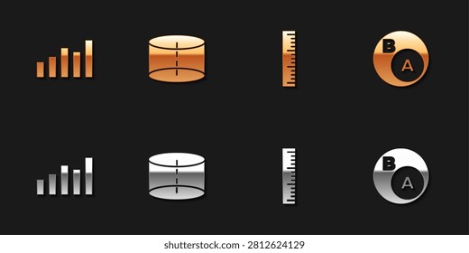 Set Graph, schedule, chart, diagram, Geometric figure Cylinder, Ruler and Subsets, math, is subset of b icon. Vector