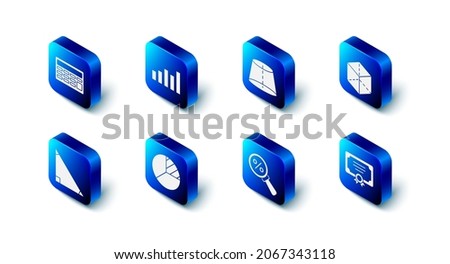 Set Graph, schedule, chart, diagram, Geometric figure, Cube, Certificate template, Magnifying glass with percent, Pie infographic, Triangle math and Calculator icon. Vector