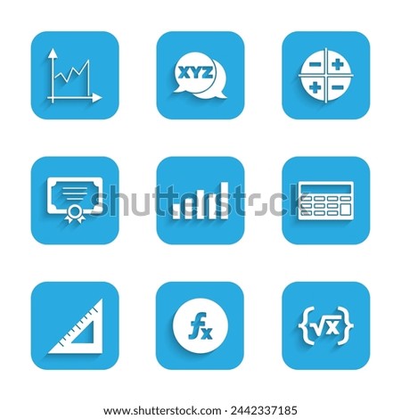 Set Graph, schedule, chart, diagram, Function mathematical symbol, Square root of x glyph, Calculator, Triangular ruler, Certificate template, XYZ Coordinate system and  icon. Vector
