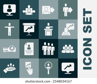 Set Graph, schedule, chart, Project team base, Team leader, Chalkboard with diagram, Head hunting,  and Speaker icon. Vector