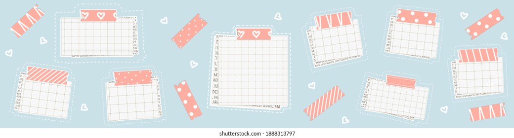 Set of Graph square mockup paper with dots, piece of newspaper is on the bottom, pink washi tape with lines is on the top
