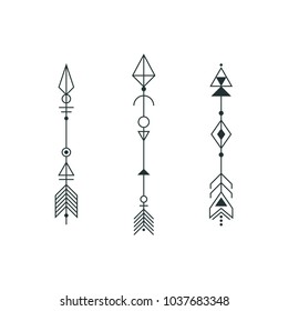 Set of graphic arrows for tattoo design. Vector minimalism, geometry, hipster design elements.
