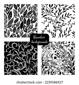 Set of graphic background. Monochrome seamless pattern of tree twigs. Hand drawn botanical ink illustration with floral motif. Hand drawn black print for fabric, wrapping paper, wallpaper design